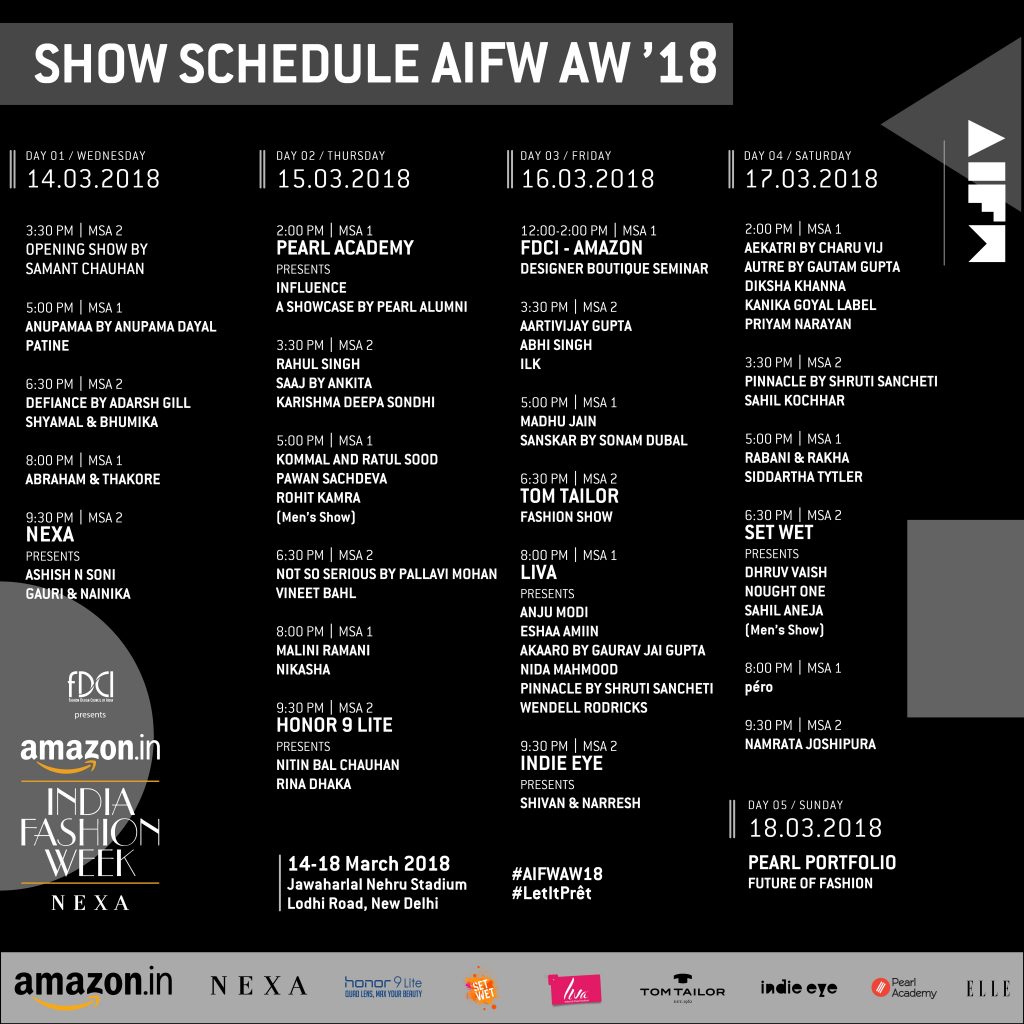 AIFW AW'18 Show Schedule